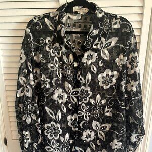 Women's Black and White Sheer Blouse Long Sleeve Button Front Size 2X